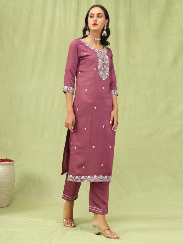 VP 9594 Viscose Roman Silk Embroidery Straight Kurta Pant with Organza Dupatta